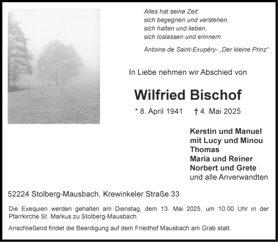 Traueranzeige von Wilfried Bischof von Aachener Zeitung