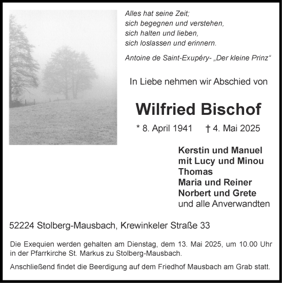 Traueranzeige von Wilfried Bischof von Zeitung am Sonntag