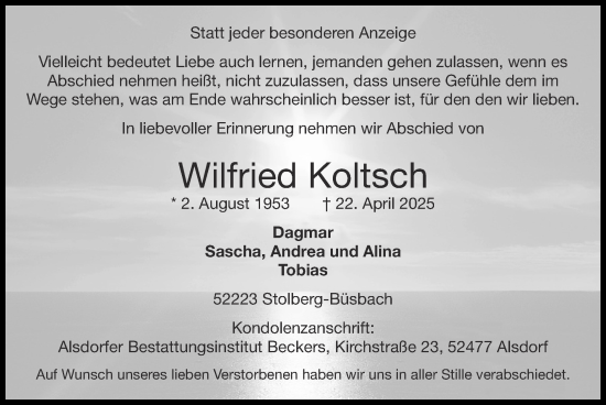 Traueranzeige von Wilfried Koltsch von Zeitung am Sonntag