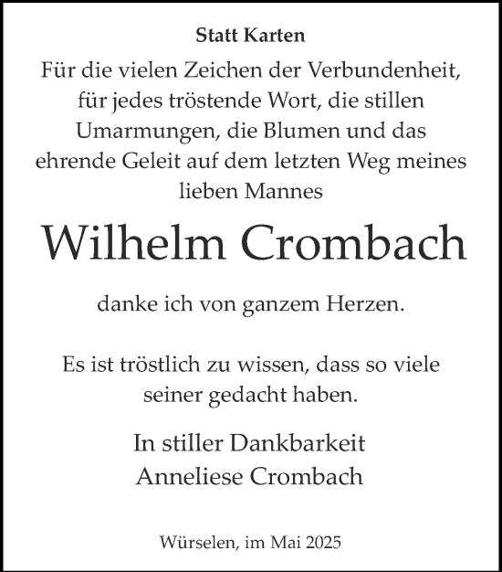 Traueranzeige von Wilhelm Crombach von Zeitung am Sonntag