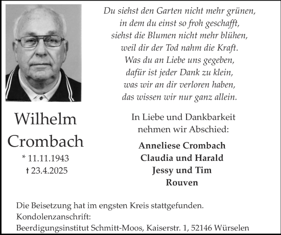 Traueranzeige von Wilhelm Crombach von Zeitung am Sonntag