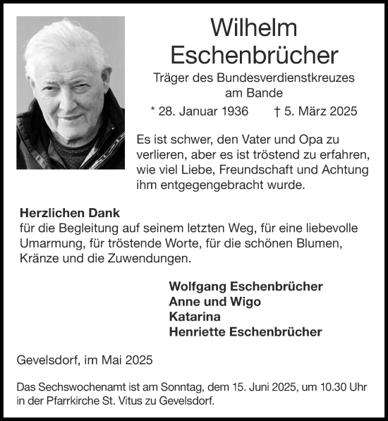 Traueranzeige von Wilhelm Eschenbrücher von Zeitung am Sonntag