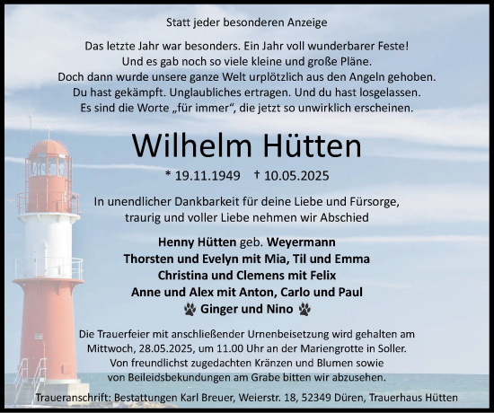 Traueranzeige von Wilhelm Hütten von Zeitung am Sonntag