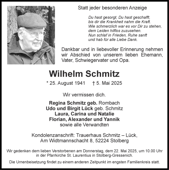 Traueranzeige von Wilhelm Schmitz von Zeitung am Sonntag