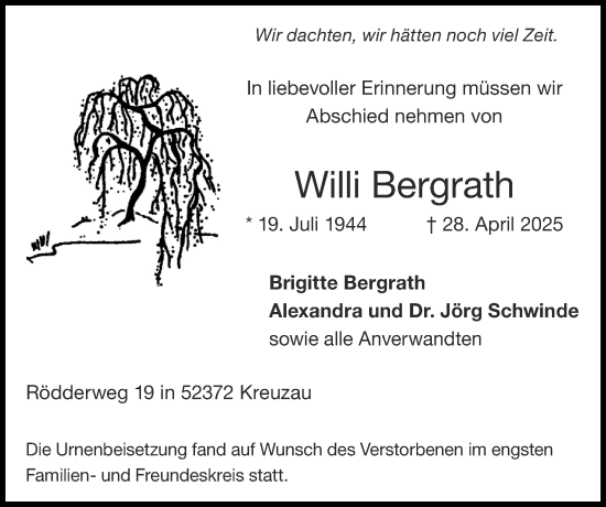 Traueranzeige von Willi Bergrath von Zeitung am Sonntag