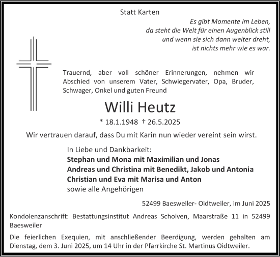 Traueranzeige von Willi Heutz von Zeitung am Sonntag