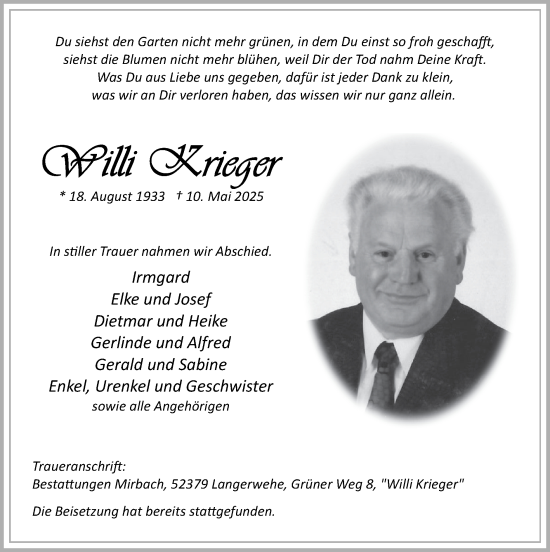 Traueranzeige von Willi Krieger von Zeitung am Sonntag