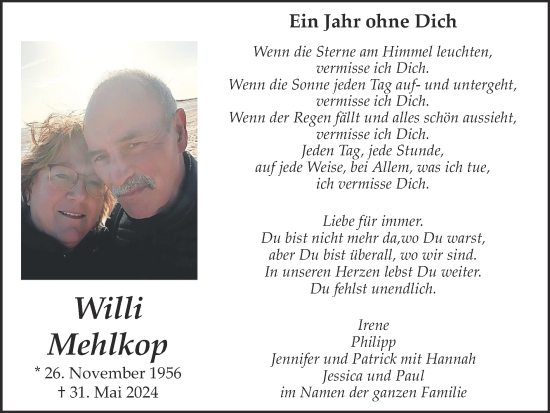 Traueranzeige von Willi Mehlkop von Zeitung am Sonntag