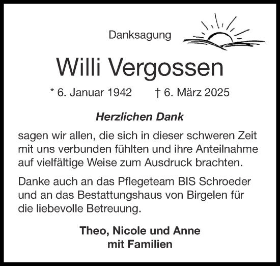 Traueranzeige von Willi Vergossen von Zeitung am Sonntag