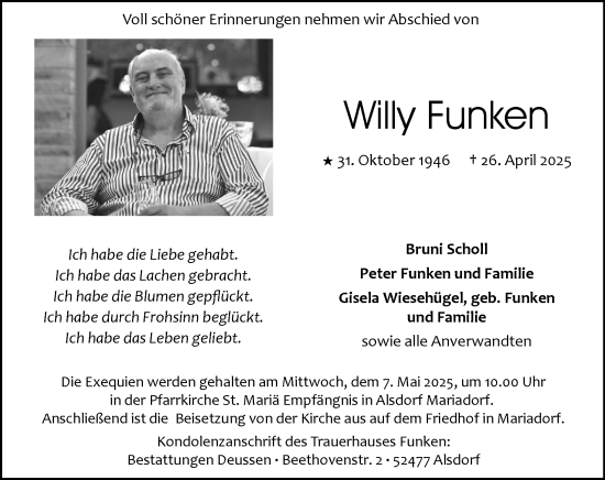 Traueranzeige von Willy Funken von Zeitung am Sonntag