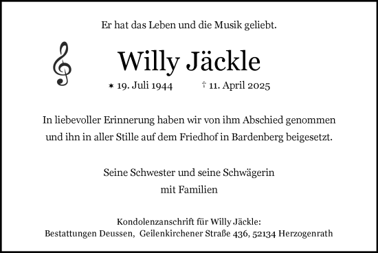 Traueranzeige von Willy Jäckle von Zeitung am Sonntag