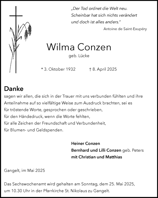Traueranzeige von Wilma Conzen von Zeitung am Sonntag
