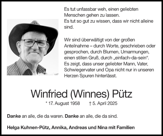 Traueranzeige von Winfried Pütz von Zeitung am Sonntag