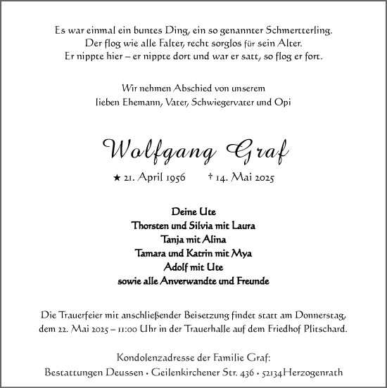 Traueranzeige von Wolfgang Graf von Zeitung am Sonntag