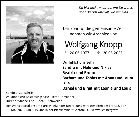 Traueranzeige von Wolfgang Knopp von Zeitung am Sonntag