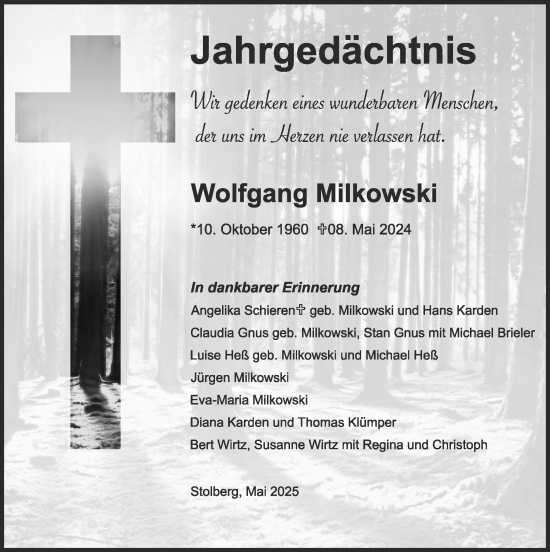Traueranzeige von Wolfgang Milkowski von Zeitung am Sonntag