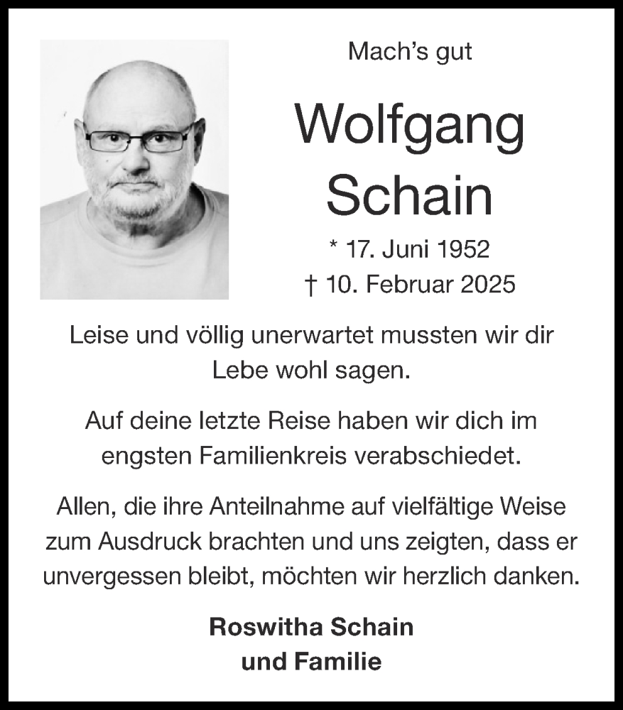  Traueranzeige für Wolfgang Schain vom 11.05.2025 aus Zeitung am Sonntag