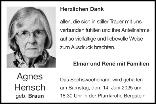 Traueranzeige von Agnes Hensch von Zeitung am Sonntag