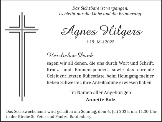 Traueranzeige von Agnes Hilgers von Zeitung am Sonntag