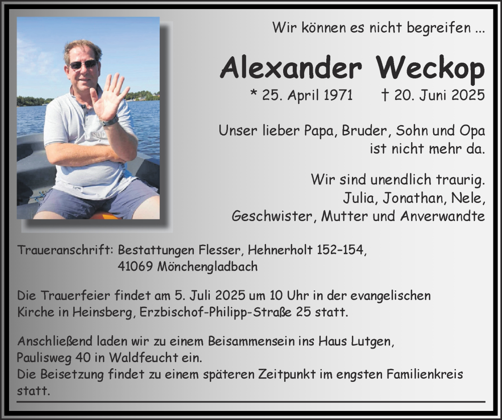  Traueranzeige für Alexander Weckop vom 29.06.2025 aus Zeitung am Sonntag