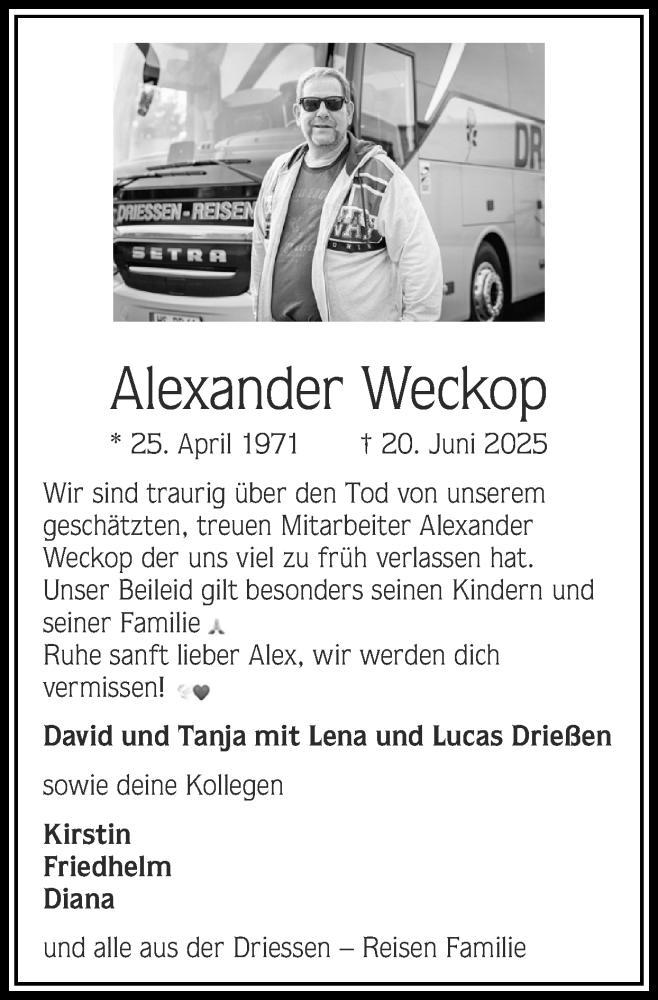  Traueranzeige für Alexander Weckop vom 29.06.2025 aus Zeitung am Sonntag