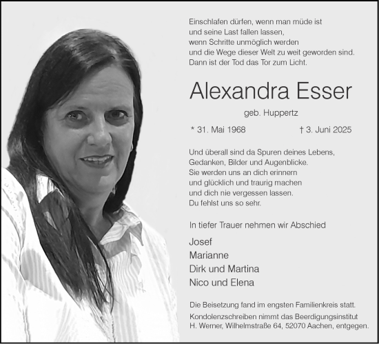 Traueranzeige von Alexandra Esser von Aachener Zeitung