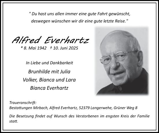 Traueranzeige von Alfred Everhartz von Zeitung am Sonntag