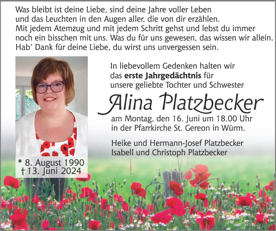 Traueranzeige von Alina Platzbecker von Zeitung am Sonntag
