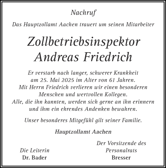 Traueranzeige von Andreas Friedrich von Zeitung am Sonntag