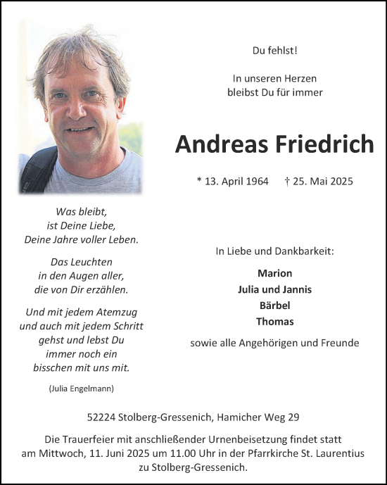 Traueranzeige von Andreas Friedrich von Zeitung am Sonntag