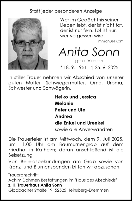 Traueranzeige von Anita Sonn von Zeitung am Sonntag