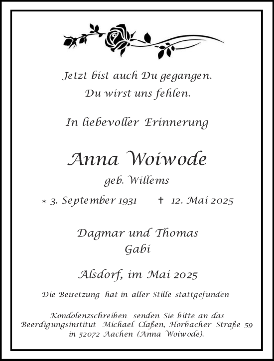 Traueranzeige von Anna Woiwode von Aachener Zeitung