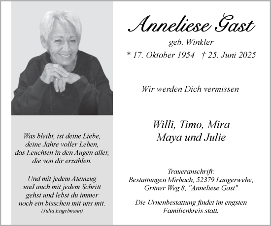 Traueranzeige von Anneliese Gast von Zeitung am Sonntag