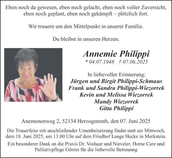 Traueranzeige von Annemie Philippi von Zeitung am Sonntag