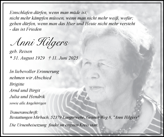 Traueranzeige von Anni Hilgers von Zeitung am Sonntag