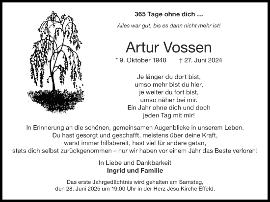 Traueranzeige von Artur Vossen von Zeitung am Sonntag
