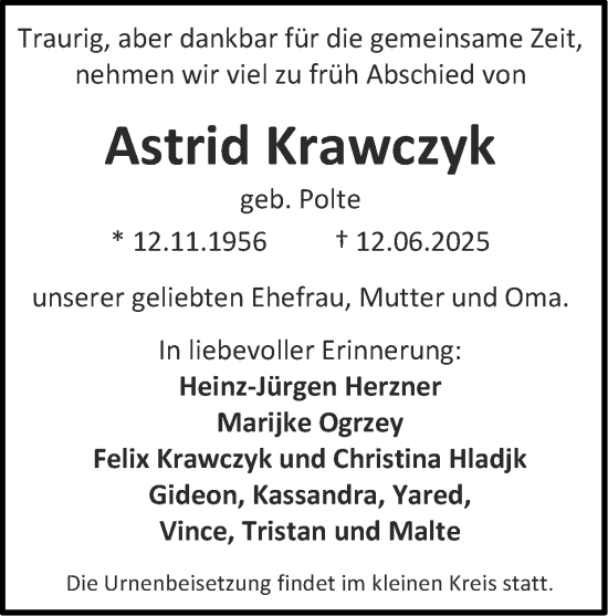 Traueranzeige von Astrid Krawczyk von Zeitung am Sonntag