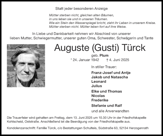 Traueranzeige von Auguste Türck von Zeitung am Sonntag