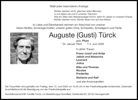 Traueranzeige von Auguste Türck von Aachener Zeitung