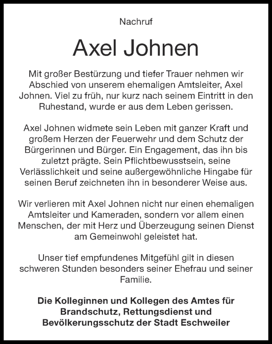 Traueranzeige von Axel Johnen von Zeitung am Sonntag