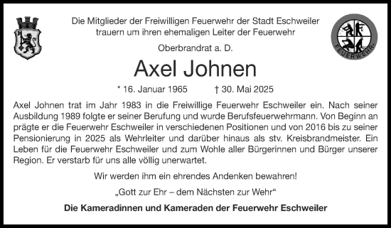 Traueranzeige von Axel Johnen von Zeitung am Sonntag
