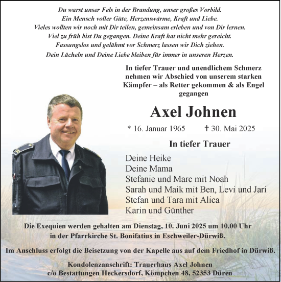 Traueranzeige von Axel Johnen von Zeitung am Sonntag