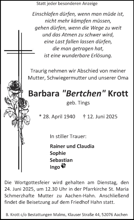 Traueranzeige von Barbara Krott von Zeitung am Sonntag