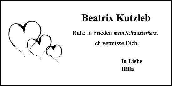 Traueranzeige von Beatrix Kutzleb von Zeitung am Sonntag