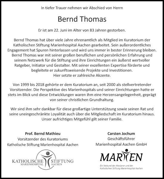 Traueranzeige von Bernd Thomas von Aachener Zeitung