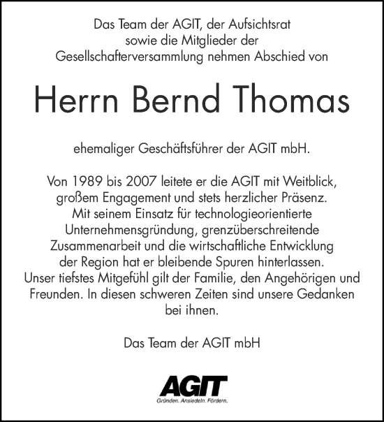 Traueranzeige von Bernd Thomas von Aachener Zeitung