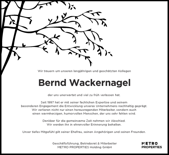 Traueranzeige von Bernd Wackernagel von Zeitung am Sonntag