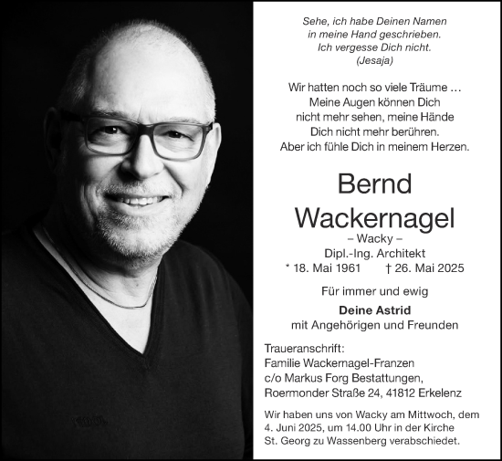 Traueranzeige von Bernd Wackernagel von Zeitung am Sonntag