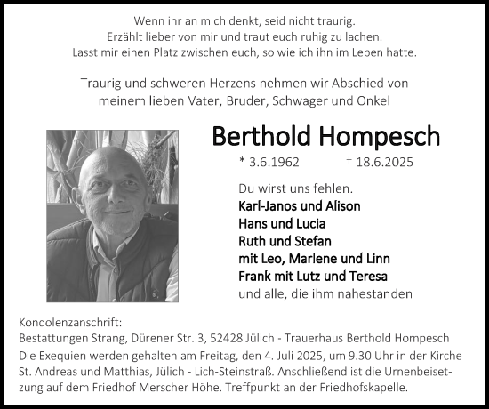 Traueranzeige von Berthold Hompesch von Zeitung am Sonntag