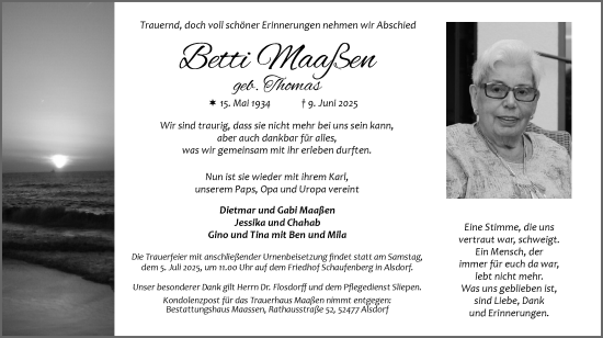 Traueranzeige von Betti Maaßen von Zeitung am Sonntag